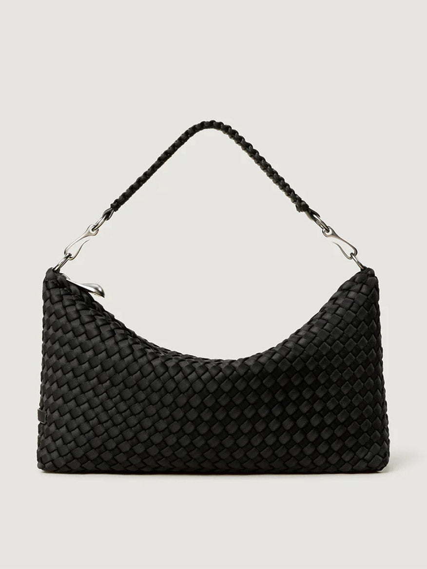 The Naghedi Porto Small Half-Moon Bag in Onyx features a black handwoven neoprene design, a single braided strap, and silver-tone hardware, shown against a plain light background.