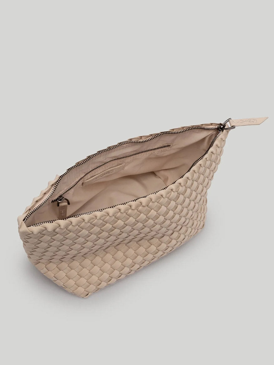 Open Naghedi Portofino Cosmetic Clutch in Solid Ecru clutch purse with zipper closure, displaying the interior fabric.