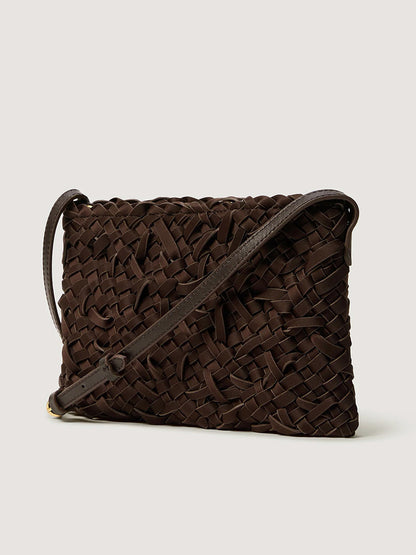 Dark brown handwoven neoprene Naghedi Soho Crossbody Nest Weave in Chocolate with a slim adjustable strap.