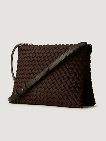 Naghedi Soho Envelope Crossbody in Chocolate, a dark brown handwoven neoprene crossbody bag with an adjustable shoulder strap.