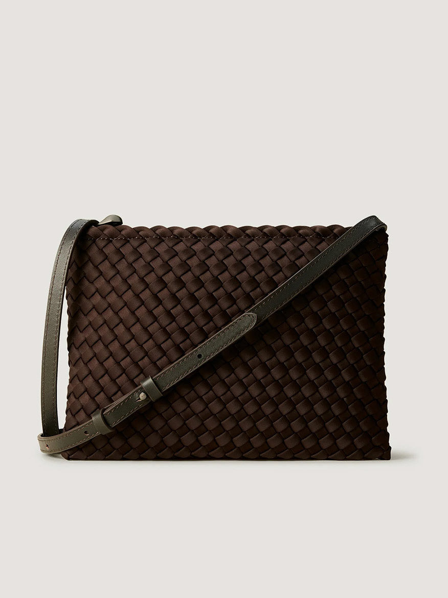 Naghedi Soho Envelope Crossbody in Chocolate, a dark brown handwoven neoprene envelope crossbody bag with an adjustable shoulder strap.