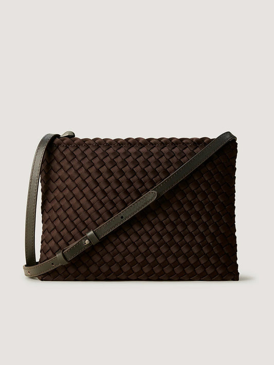 Naghedi Soho Envelope Crossbody in Chocolate, a dark brown handwoven neoprene envelope crossbody bag with an adjustable shoulder strap.