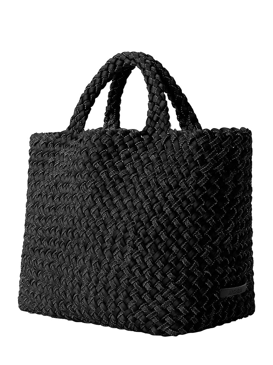 Naghedi St. Barths Medium Double Weave Tote in Jet, a black medium-sized handwoven neoprene bag featuring a double-woven texture and two top handles.