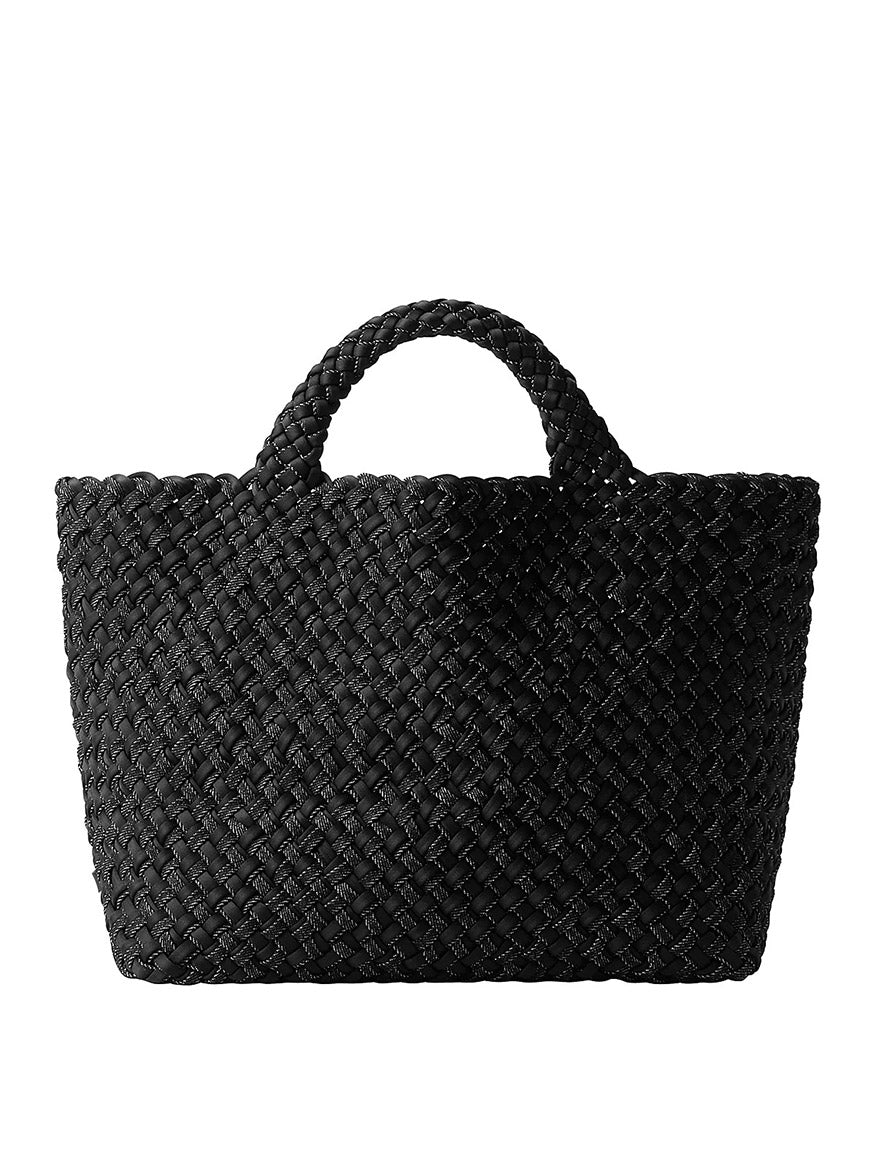 Naghedi St. Barths Medium Double Weave Tote in Jet, a black handwoven neoprene medium tote bag with two top handles.
