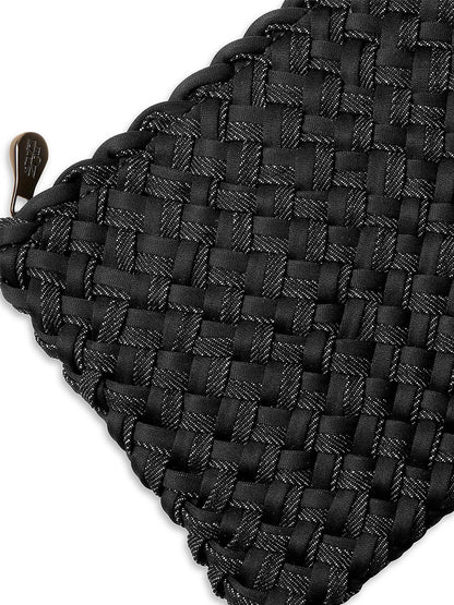 Black Naghedi St. Barths Medium Double Weave Tote in Jet, a handwoven neoprene bag with a zipper closure.