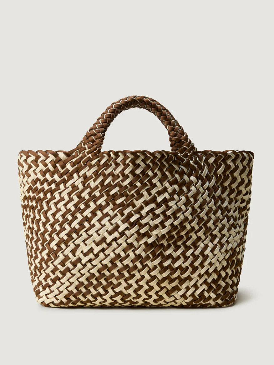 The Naghedi St. Barths Medium Tote in Double Weave Carmel is a handwoven neoprene bag with a brown and cream zigzag pattern, two sturdy handles, and gold hardware.