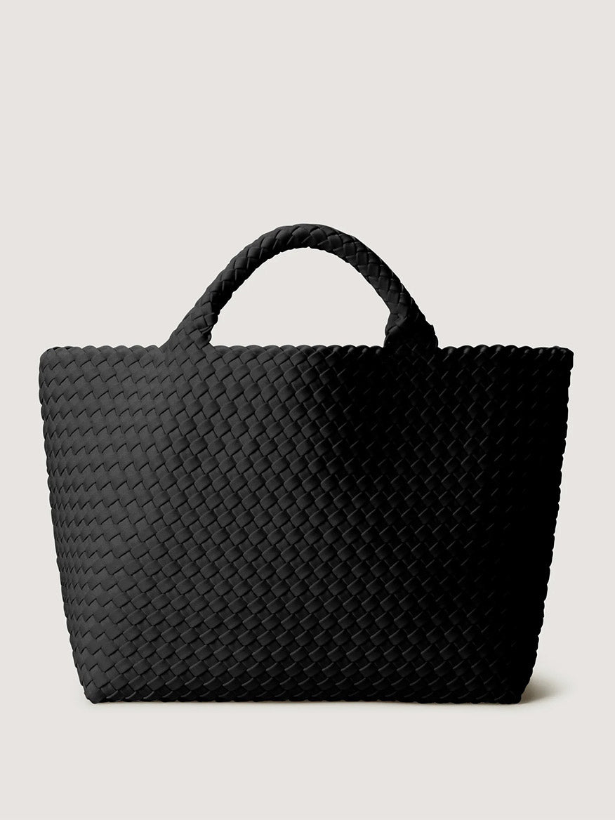 Naghedi St. Barths Medium Tote in Onyx featuring a medium-sized woven neoprene construction and top handles.