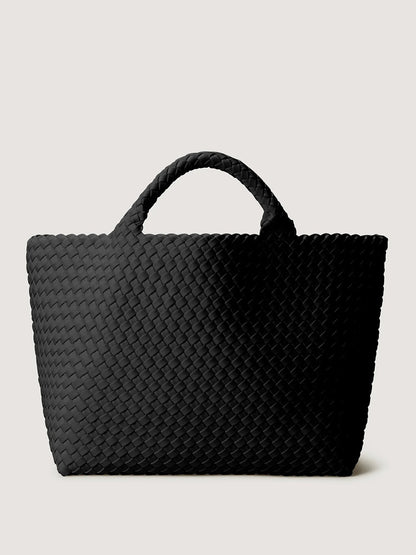 Naghedi St. Barths Medium Tote in Onyx featuring a medium-sized woven neoprene construction and top handles.