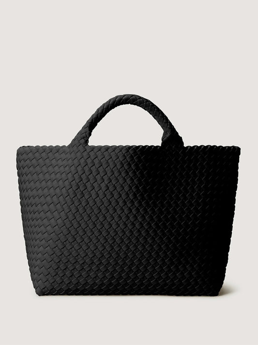 Naghedi St. Barths Medium Tote in Onyx featuring a medium-sized woven neoprene construction and top handles.