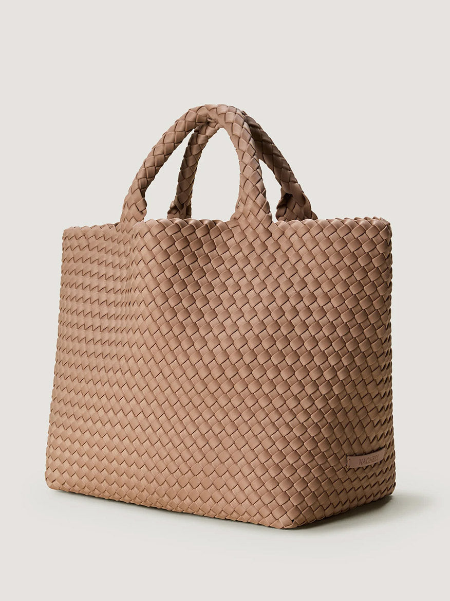 Medium-sized taupe neoprene Naghedi St. Barths Medium Tote in Seychelles, featuring a woven material design with two top handles as an ideal everyday carryall.