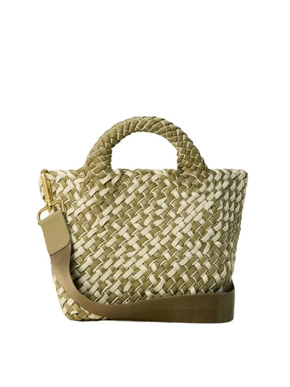 Naghedi St. Barths Small Tote Double Weave in Oletta, a small woven tote bag in olive green and cream, featuring a matching webbed crossbody strap and gold-tone hardware.