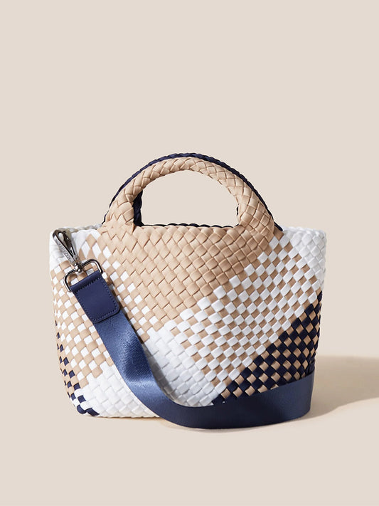Naghedi St. Barths Small Tote in Graphic Geo Somerset with leather accents against a neutral background.