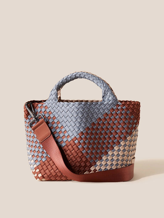 Handwoven Naghedi St. Barths Small Tote in Graphic Geo Taos in shades of blue and brown.