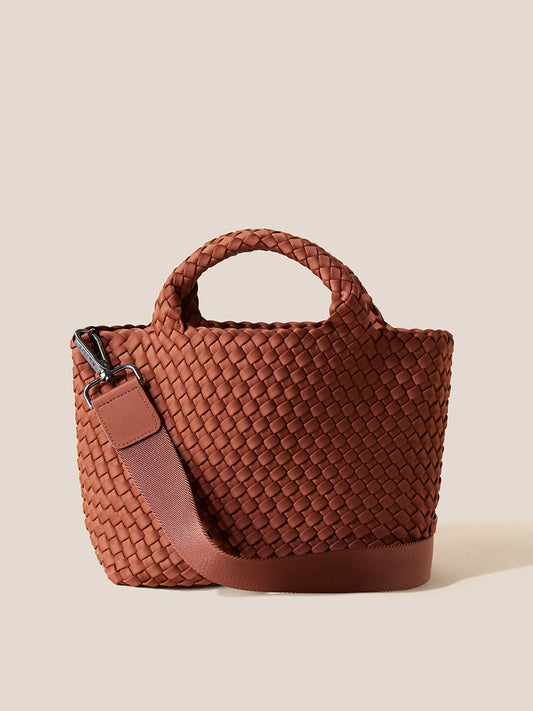 Naghedi St. Barths Small Tote in Solid Adobe with an adjustable shoulder strap against a neutral background.