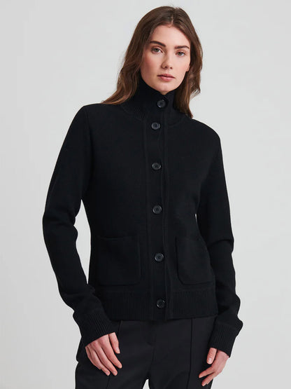 A woman wearing a black Patrick Assaraf Merino Button Front Milano Jacket.