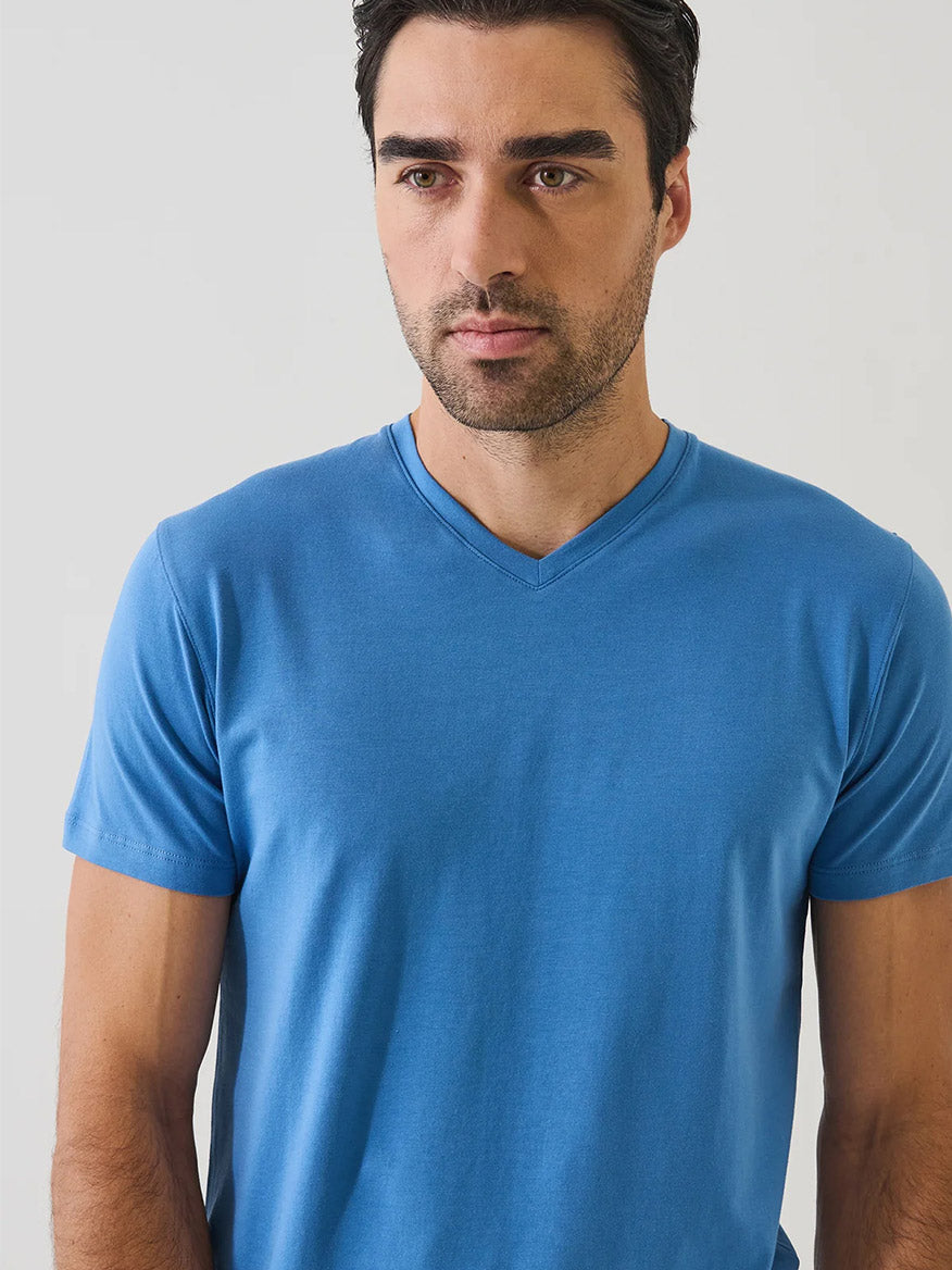 A man with dark hair and stubble wears the Patrick Assaraf Pima Cotton Stretch V-Neck T-Shirt in Harbour, standing against a light-colored background.