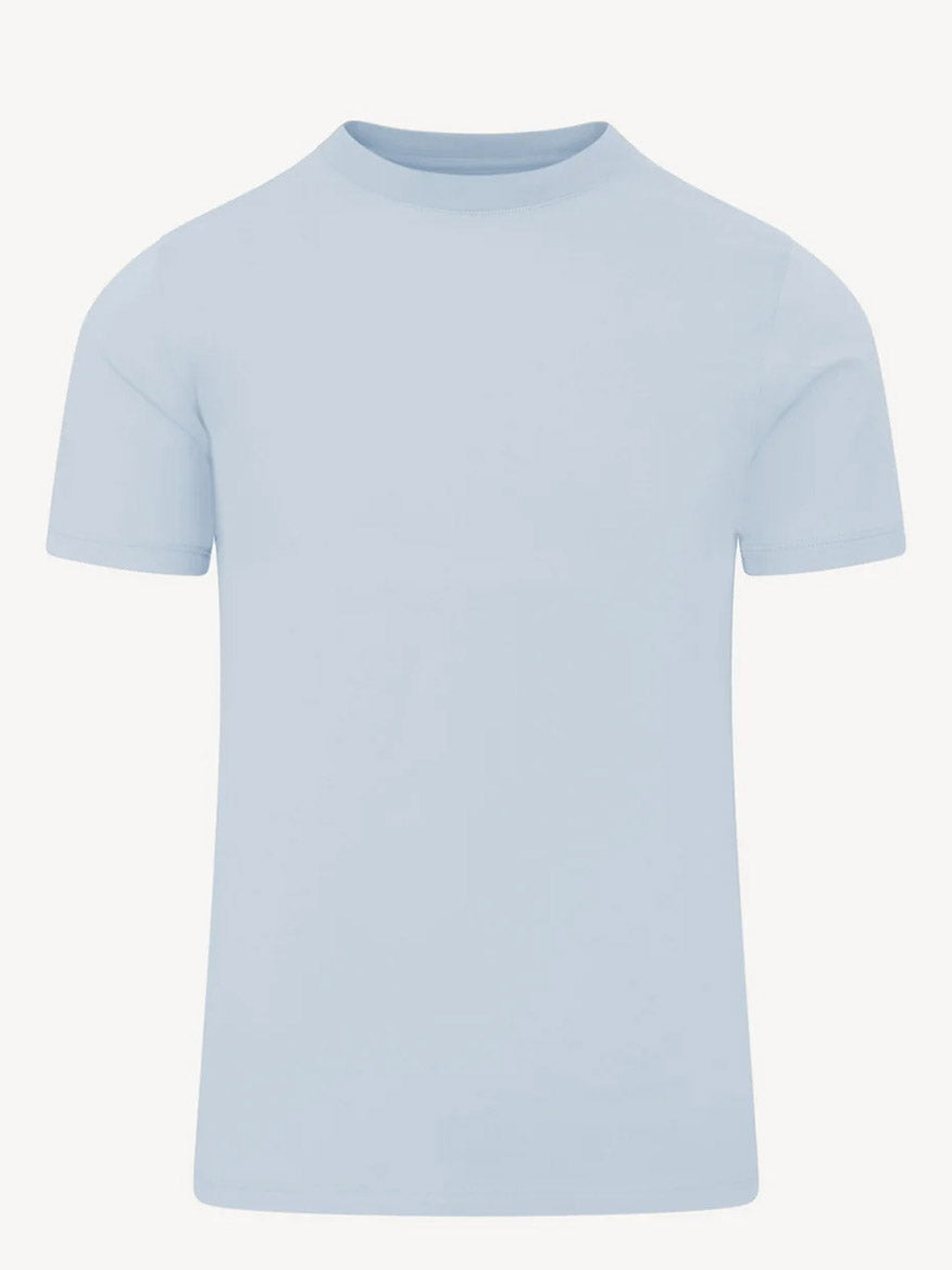 The Patrick Assaraf Organic Pima Cotton High Neck T-Shirt in Blue Ice is a luxury short-sleeve top crafted from soft organic cotton, shown against a white background.