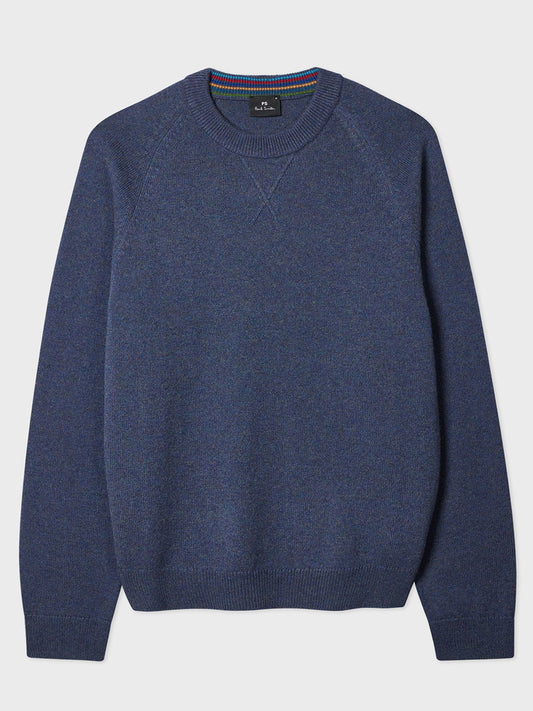 The Paul Smith Indigo Merino Wool Crew Neck Sweater features long sleeves, ribbed cuffs and hem, and a subtle stitched detail below the neckline.