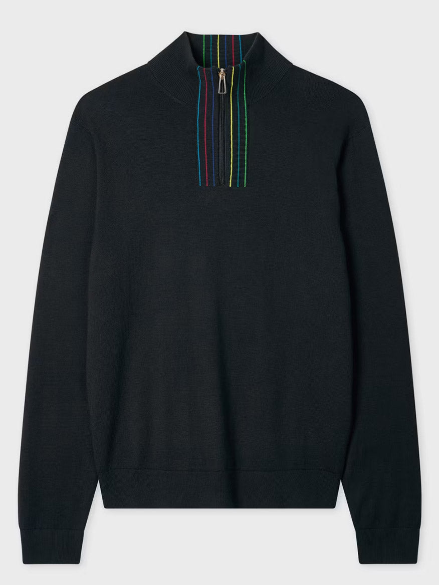 The Paul Smith Merino Wool Sports Stripe Half Zip in Black features a zip-up collar accented with vertical multicolored sports stripes.
