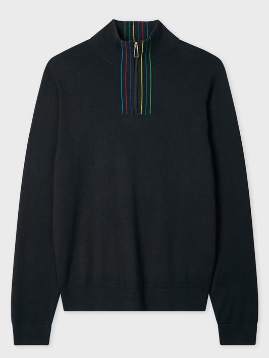 The Paul Smith Merino Wool Sports Stripe Half Zip in Black features a zip-up collar accented with vertical multicolored sports stripes.