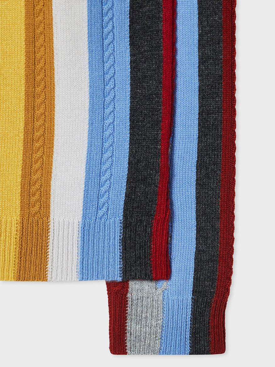 Close-up of the Paul Smith Cashmere-Blend Signature Stripe Sweater in Multi, featuring ribbed and cable knit textures and vertical Signature Stripe colors—yellow, white, blue, red, gray, and black.
