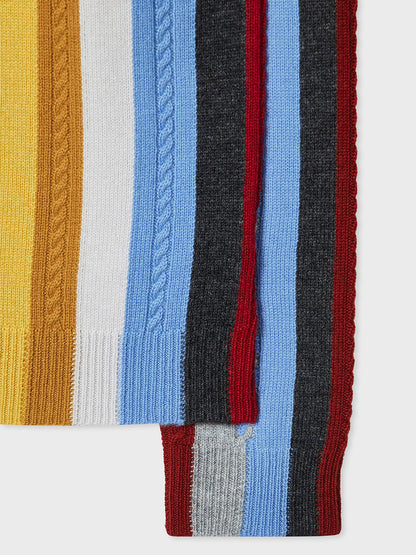 Close-up of the Paul Smith Cashmere-Blend Signature Stripe Sweater in Multi, featuring ribbed and cable knit textures and vertical Signature Stripe colors—yellow, white, blue, red, gray, and black.
