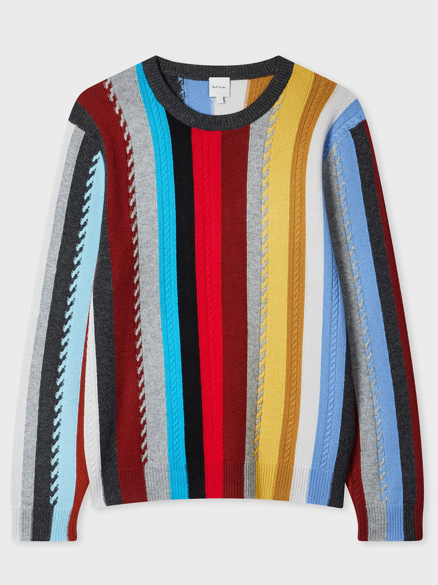 The Paul Smith Cashmere-Blend Signature Stripe Sweater in Multi features vertical stripes in red, yellow, blue, grey, black, and white with textured details on select stripes.