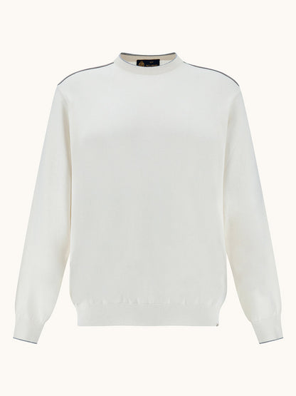 The Paul & Shark Crew‑Neck Sweater With Aqualeather Suede Details in White features ribbed cuffs and hem, plus a subtle dark trim on the shoulders for a clean, classic look.