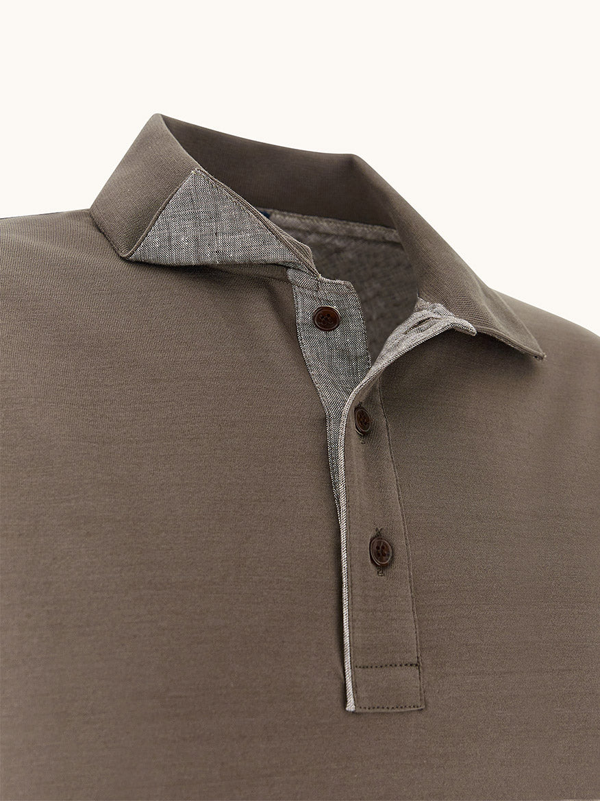 Close-up of a Paul & Shark Polo Jersey Shirt With Linen Details in Morel, featuring a button placket and contrasting inner collar lining for a refined touch.