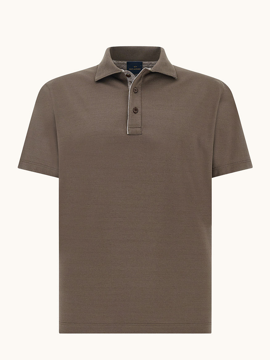 Paul & Shark Polo Jersey Shirt With Linen Details in Morel, featuring short sleeves, a collar, and three-button placket, crafted from breathable fabric and shown against a plain light background.