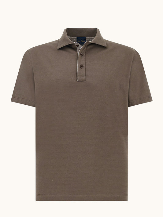 Paul & Shark Polo Jersey Shirt With Linen Details in Morel, featuring short sleeves, a collar, and three-button placket, crafted from breathable fabric and shown against a plain light background.