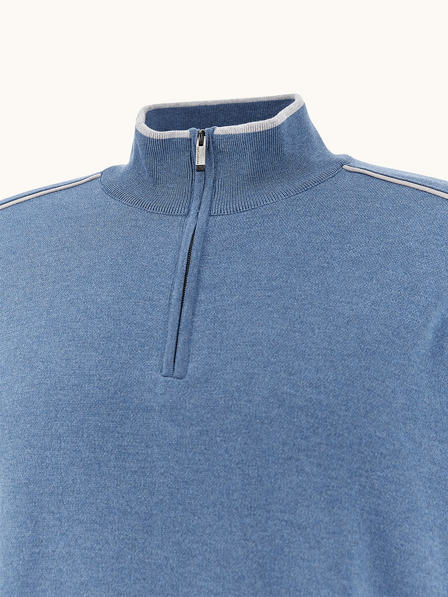 Paul & Shark Half‑Zip Sweater With Aqualeather Suede Details in Colony Blue—regular fit, stand collar, quarter-zip, and contrasting trim—shown on a plain background.