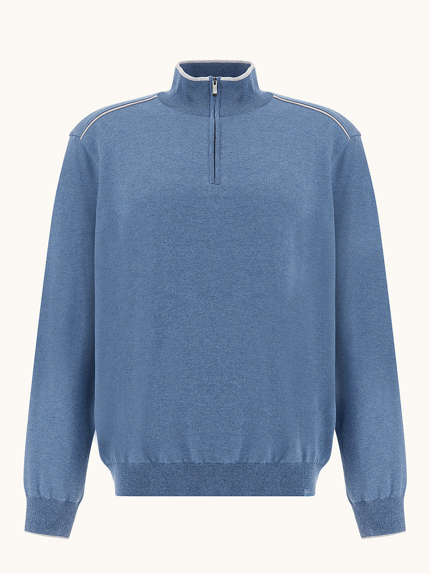 Paul & Shark Half-Zip Sweater with Aqualeather suede details in Colony Blue. Features a stand collar, long sleeves, ribbed cuffs and hem, white accent lines on the shoulders, and shark label. Cotton-silk blend. Displayed on a plain background.