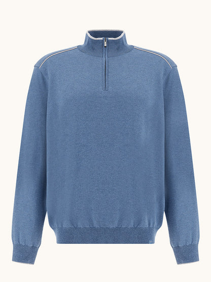 Paul & Shark Half-Zip Sweater with Aqualeather suede details in Colony Blue. Features a stand collar, long sleeves, ribbed cuffs and hem, white accent lines on the shoulders, and shark label. Cotton-silk blend. Displayed on a plain background.