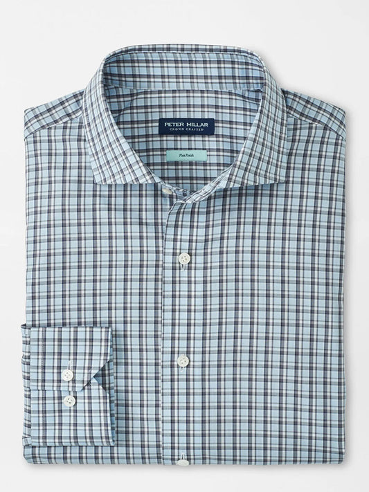 The Peter Millar Abetone Cotton Sport Shirt in Blue Frost features a tailored fit with Flex Finish for all-day comfort and showcases a refined blue, gray, and white plaid pattern.
