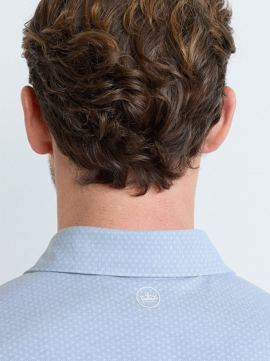 A man with brown wavy hair is shown from behind, wearing a Peter Millar Albatross Diamond Cotton-Blend Piqué Polo in Dusk Blue, featuring a tailored fit and a small white crown emblem on the back.