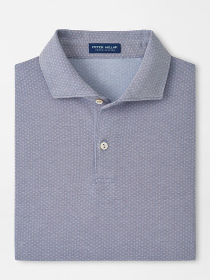 A folded Peter Millar Albatross Diamond Cotton-Blend Piqué Polo in navy, featuring a subtle geometric pattern and two buttons, displayed on a plain background.