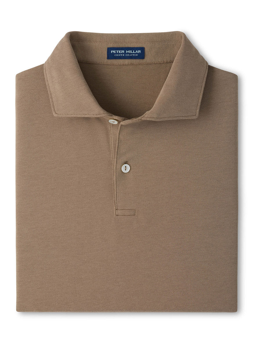A light mocha Peter Millar Albatross Cotton-Blend Piqué Polo, featuring an Edwin spread collar, two buttons, and an inside neck "Peter Millar" label.