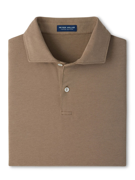 A light mocha Peter Millar Albatross Cotton-Blend Piqué Polo, featuring an Edwin spread collar, two buttons, and an inside neck "Peter Millar" label.