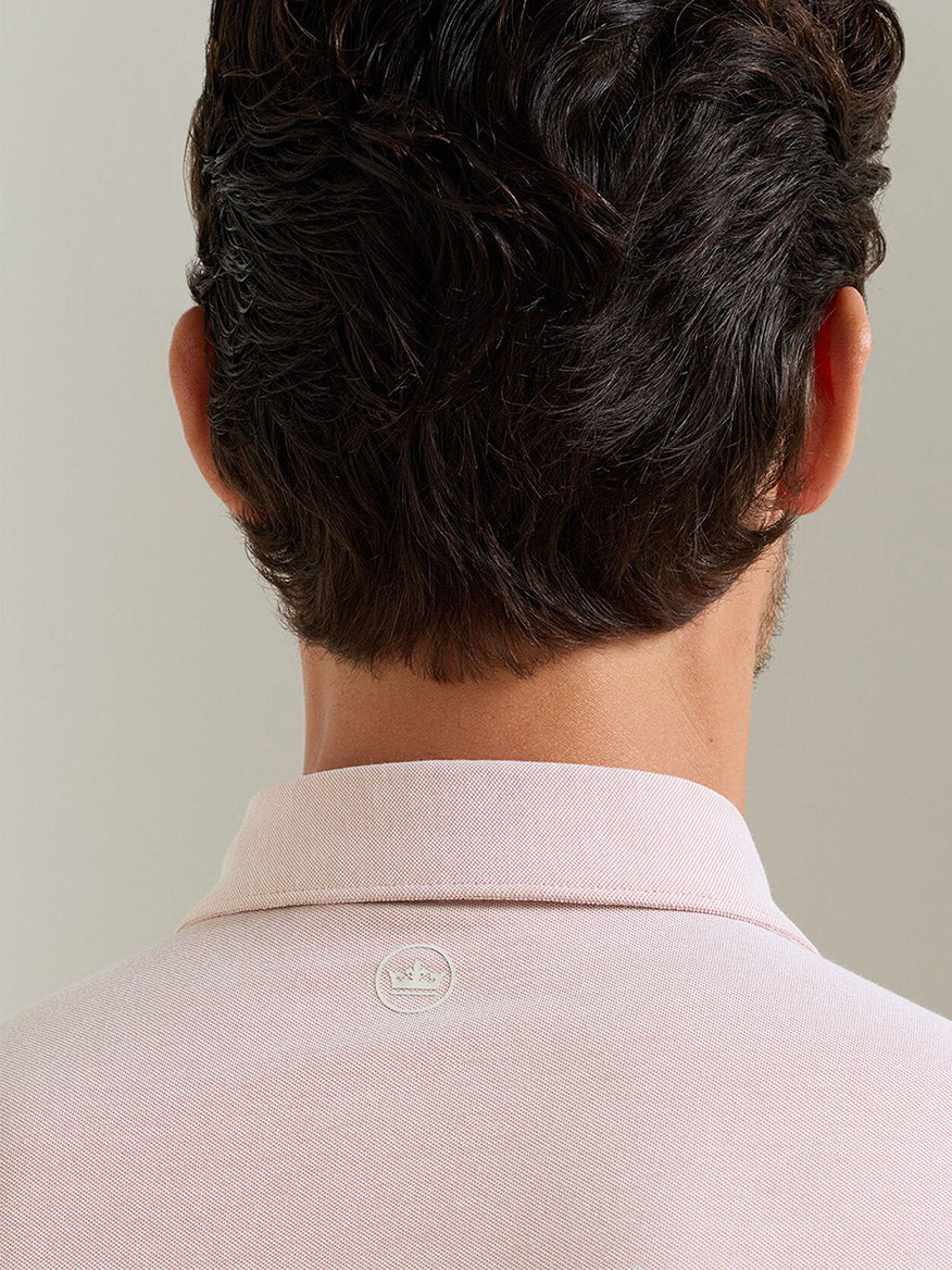 A person with short dark hair is shown from behind, wearing a Peter Millar Albatross Cotton Blend Piqué Polo in Faded Scarlet.