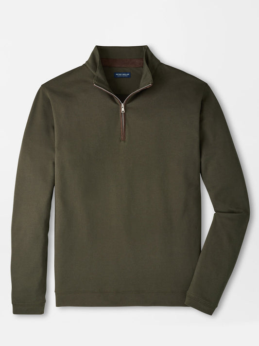 The Peter Millar Albatross Cotton-Blend Piqué Quarter-Zip in Dark Olive, featuring a stand collar and textured piqué fabric, is laid flat on a white surface.