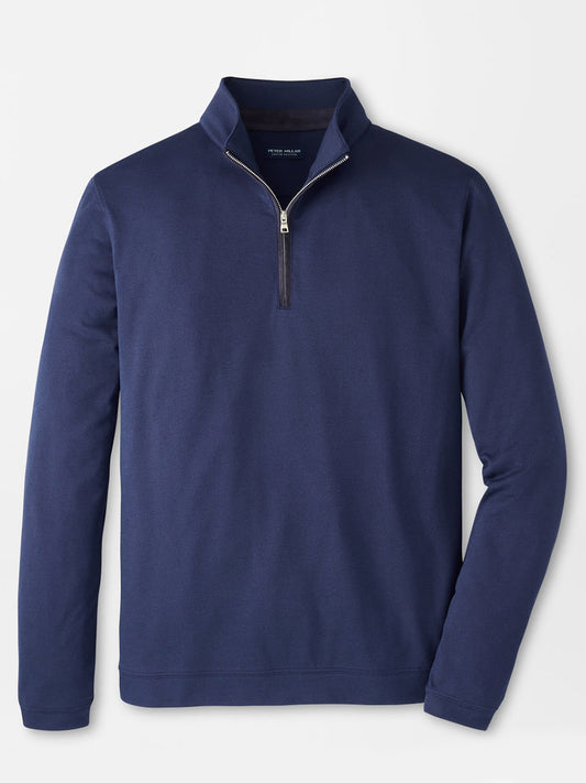 The Peter Millar Albatross Cotton-Blend Piqué Quarter-Zip in Navy features a stand-up collar and long sleeves, crafted from textured piqué fabric, and is displayed laid flat on a white background.