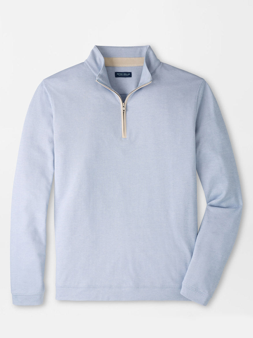 The Peter Millar Albatross Cotton-Blend Piqué Quarter-Zip in Windy Blue is a long-sleeve pullover crafted from textured piqué fabric with a stand collar and stylish quarter-zip front closure, displayed on a plain white background—an ideal choice for those seeking versatile performance apparel.
