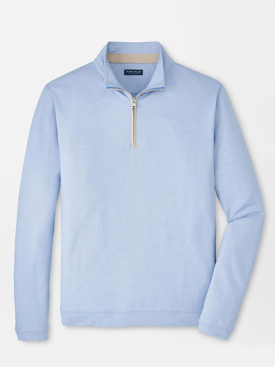 The Peter Millar Albatross Cotton-Blend Piqué Quarter-Zip in Dusk Blue features textured piqué fabric, a stand-up collar, and a beige zipper, shown laid flat on a white background.