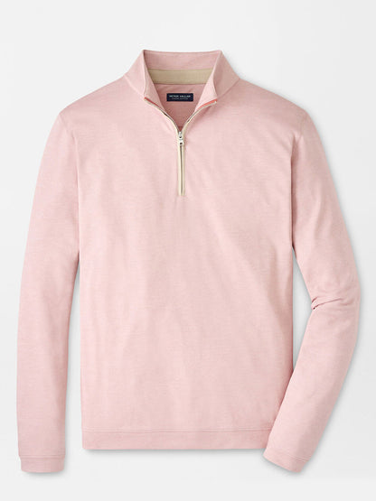 The Peter Millar Albatross Cotton-Blend Piqué Quarter-Zip in Faded Scarlet features a light pink, long-sleeve pullover design with a textured stand collar, displayed on a plain background.