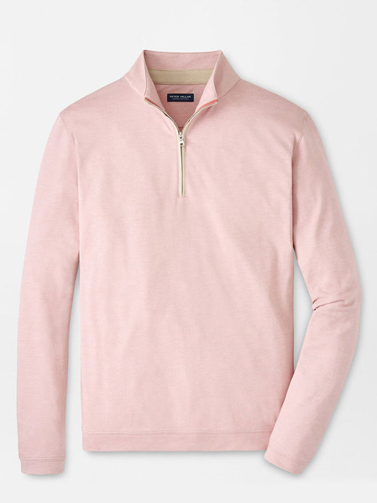 The Peter Millar Albatross Cotton-Blend Piqué Quarter-Zip in Faded Scarlet features a light pink, long-sleeve pullover design with a textured stand collar, displayed on a plain background.