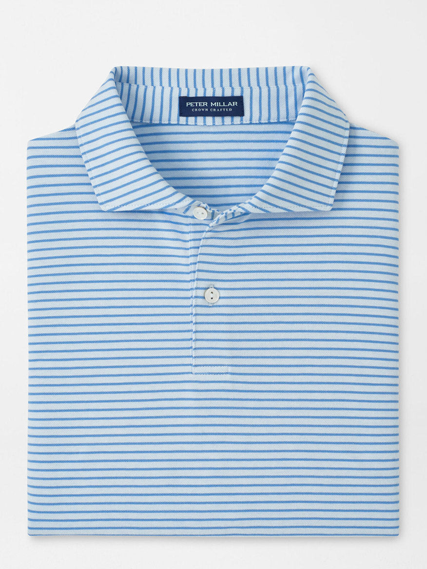 The Peter Millar Albatross Stripe Cotton-Blend Piqué Polo in Blue Brisk features neat blue and white stripes, a collar with two buttons, and a tailored fit, showcasing the signature brand label.