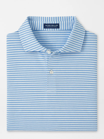 The Peter Millar Albatross Stripe Cotton-Blend Piqué Polo in Blue Brisk features neat blue and white stripes, a collar with two buttons, and a tailored fit, showcasing the signature brand label.