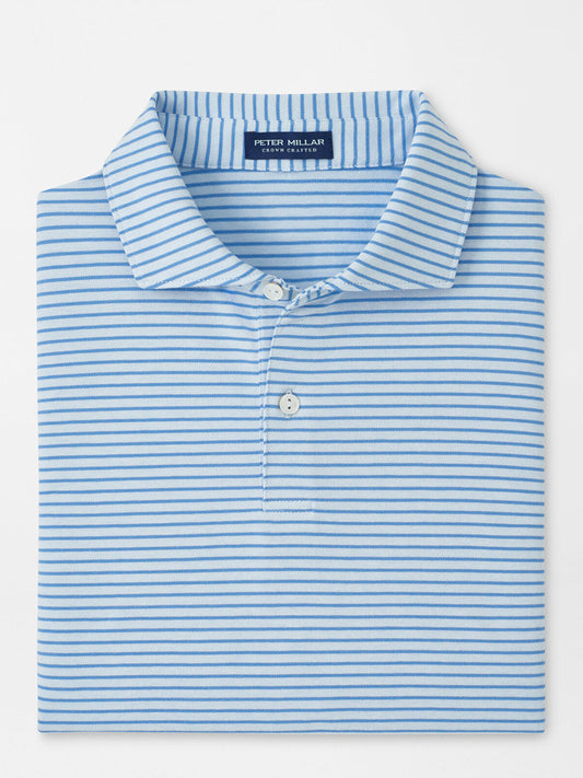 The Peter Millar Albatross Stripe Cotton-Blend Piqué Polo in Blue Brisk features neat blue and white stripes, a collar with two buttons, and a tailored fit, showcasing the signature brand label.