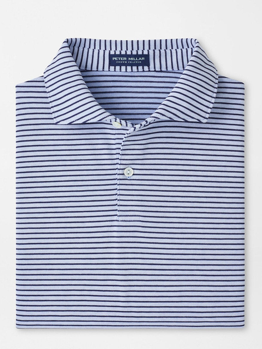 The Peter Millar Albatross Stripe Cotton-Blend Piqué Polo in Dusk Blue is a tailored short-sleeve polo with fine navy stripes and a soft cotton-blend fabric, featuring the "Peter Millar" label on the collar.